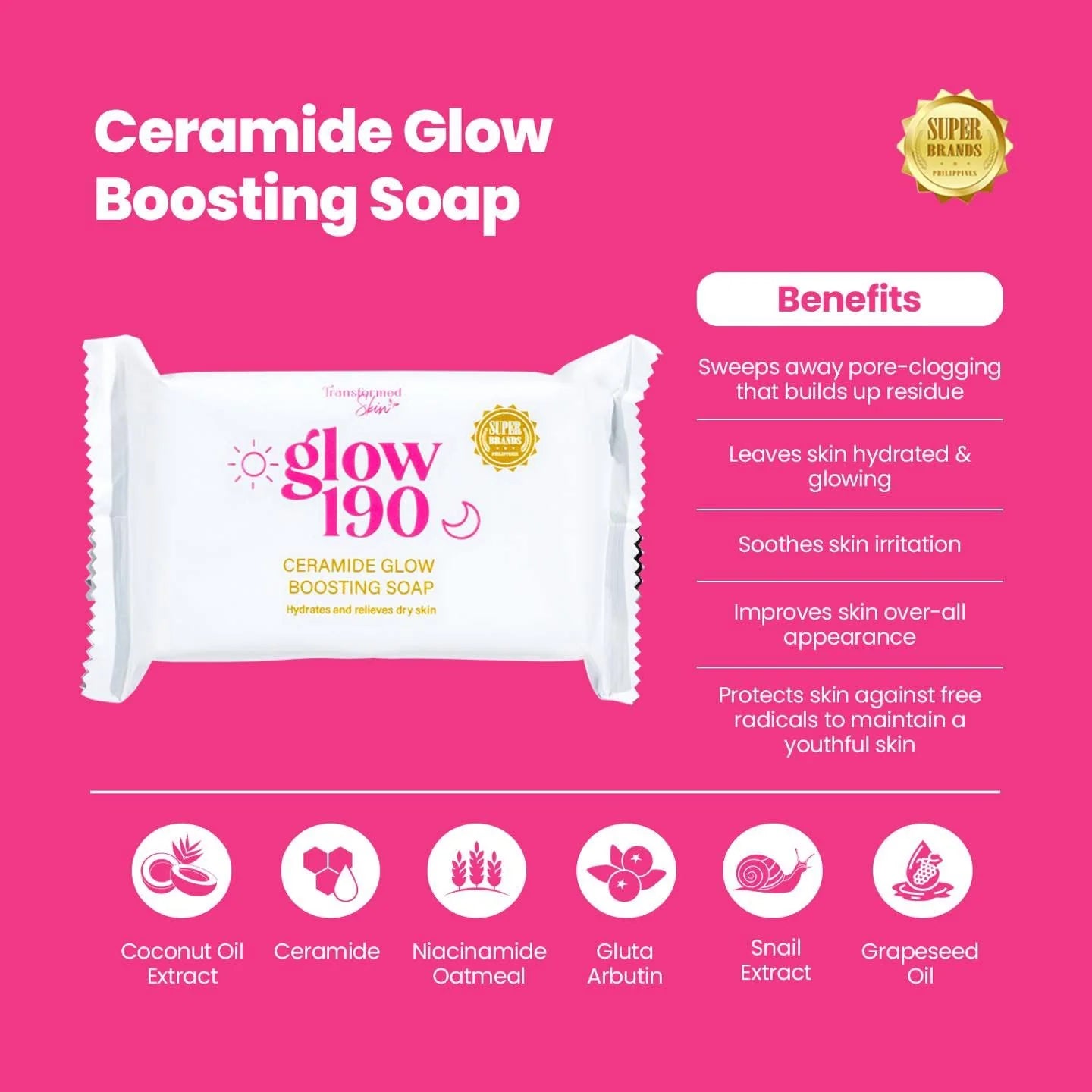Ceramide Glow Boosting Soap packaging with benefits listed on a pink background