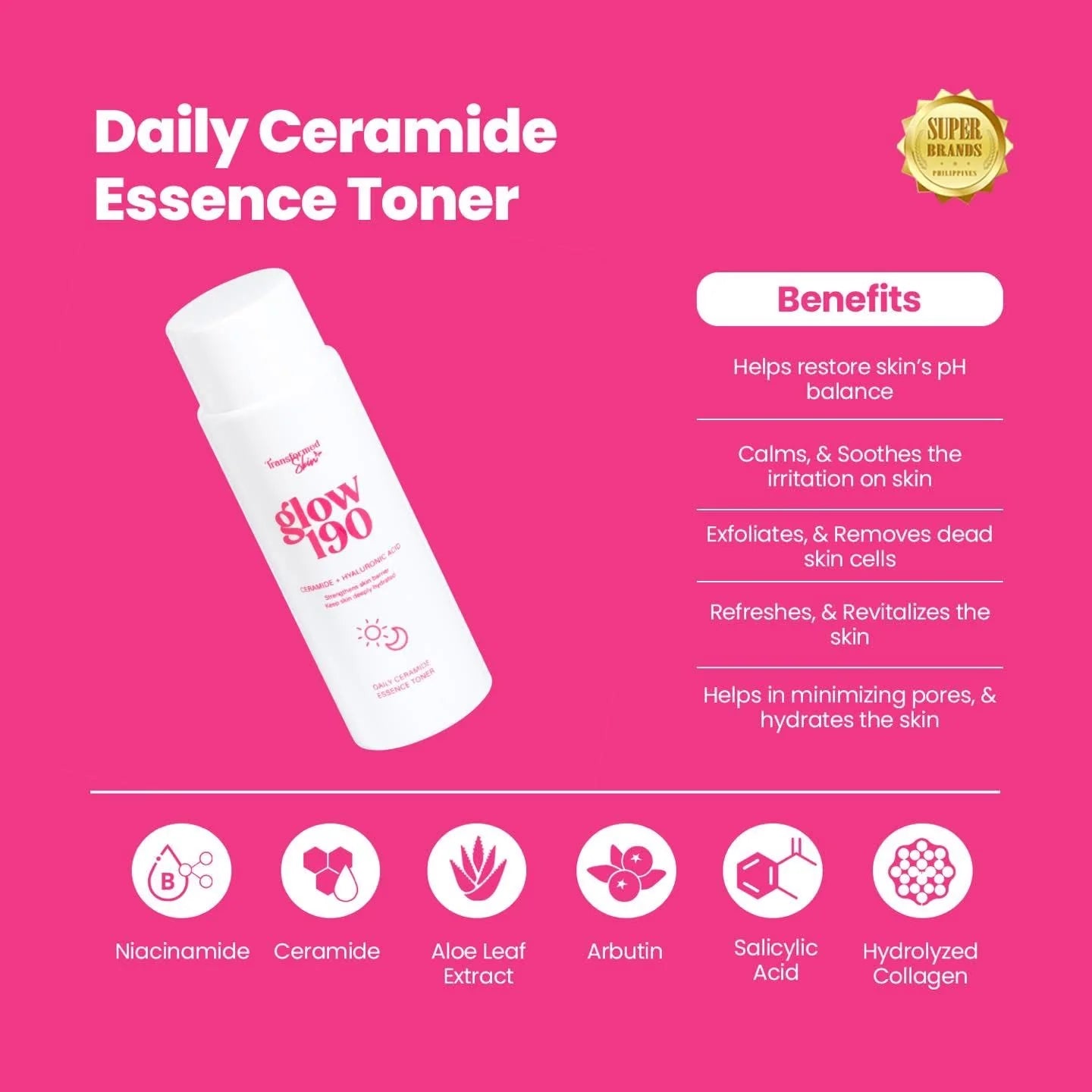 Daily Ceramide Essence Toner with benefits listed on a pink background