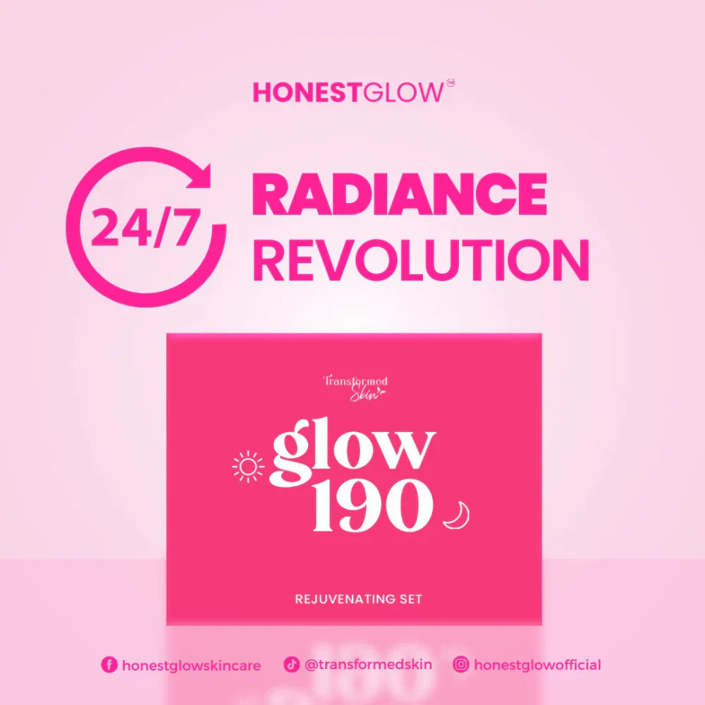 Honest Glow advertisement for 24/7 Radiance Revolution on a pink background