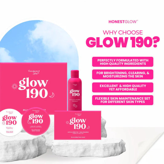 Glow 190 skincare products with packaging and text on a white background