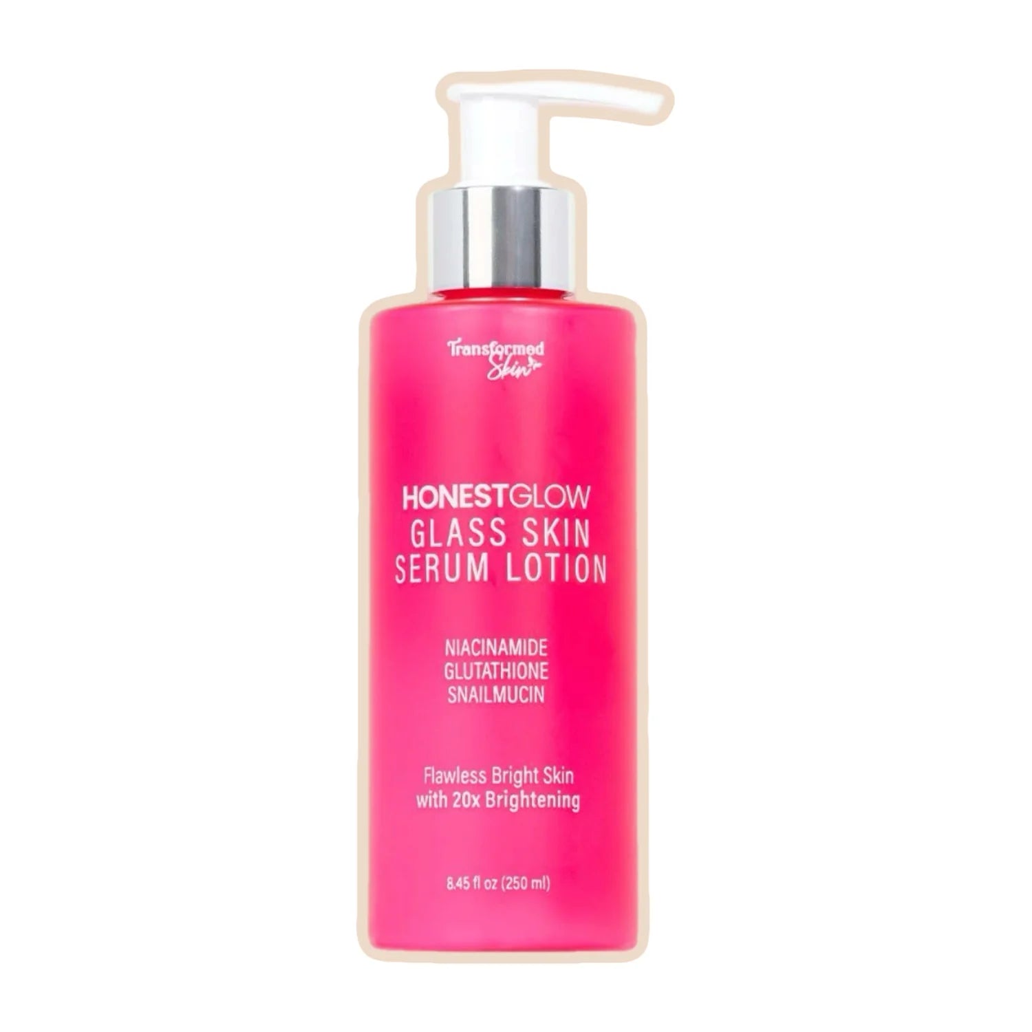 Pink bottle of HonestGlow Glass Skin Serum Lotion on a white background