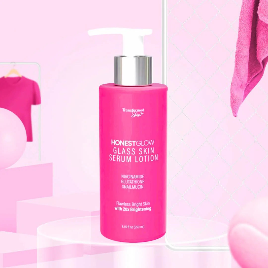 Pink bottle of 'Honest Glow Glass Skin Serum Lotion' on a pink background