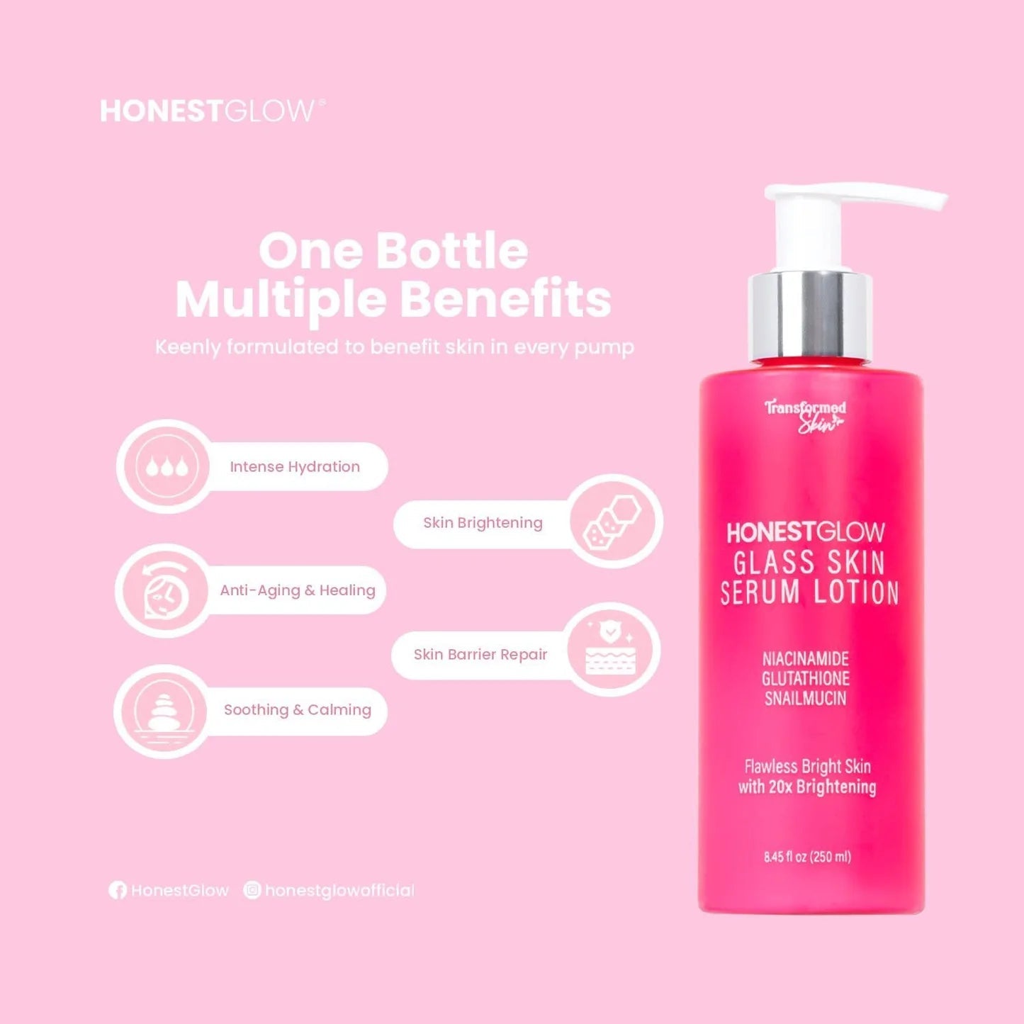 Pink bottle of HonestGlow Glass Skin Serum Lotion on a pink background with benefits listed.
