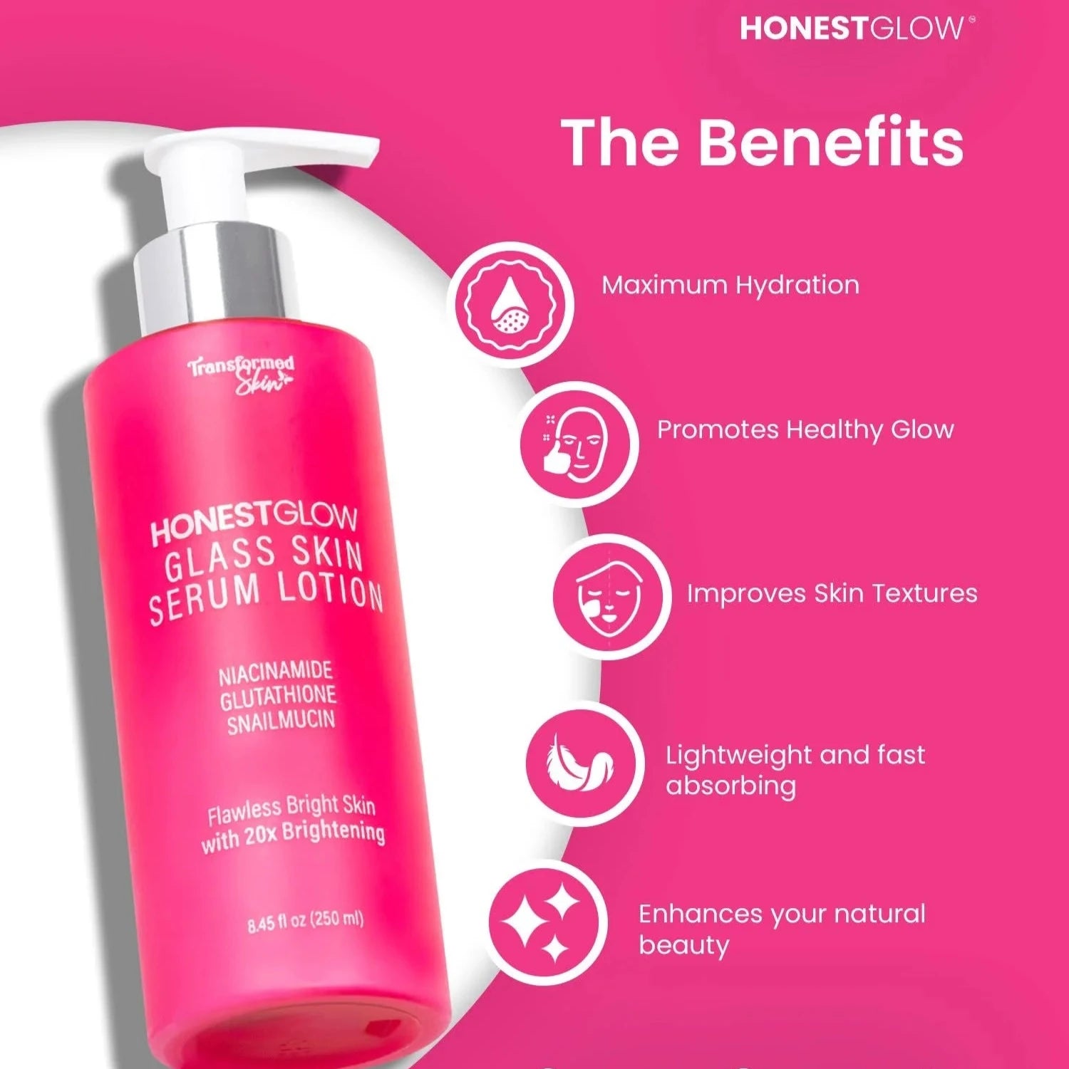 Pink bottle of HonestGlow Glass Skin Serum Lotion on a pink background with benefits listed.