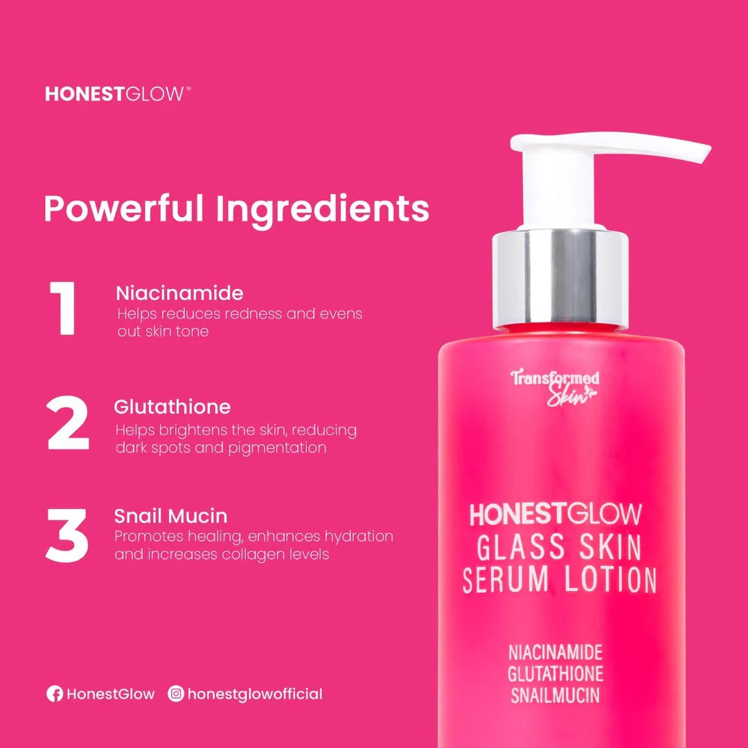 HonestGlow glass skin serum lotion with ingredients listed on a pink background