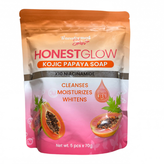 Honest Glow Kojic Papaya Soap packaging held over a computer keyboard.