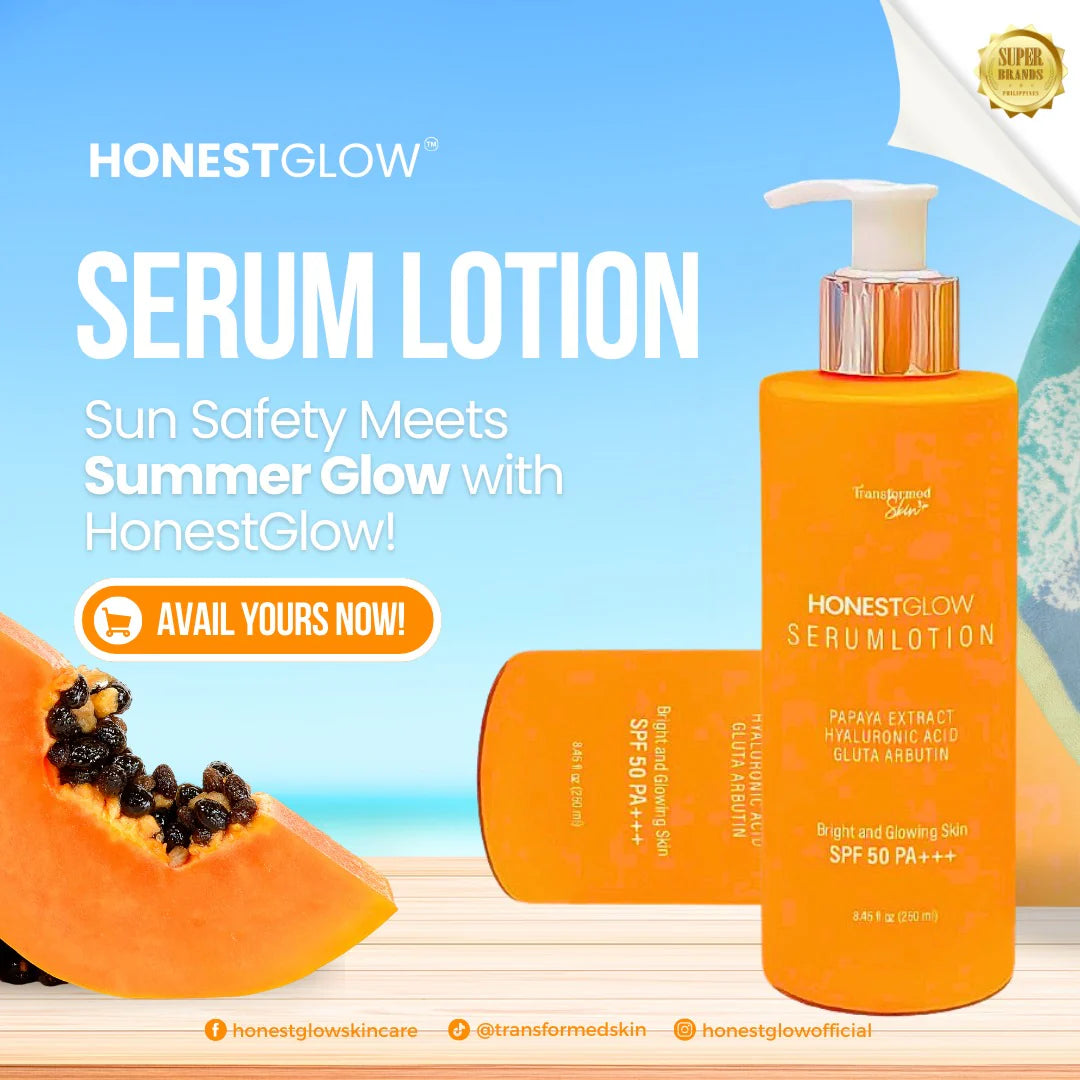 HonestGlow serum lotion with a papaya slice on a beach background