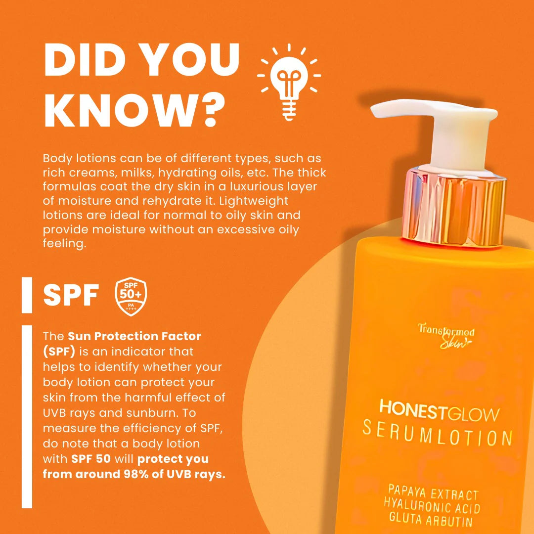 Orange background with a bottle of 'Honest Glow Serumlotion' and text about body lotions and SPF.