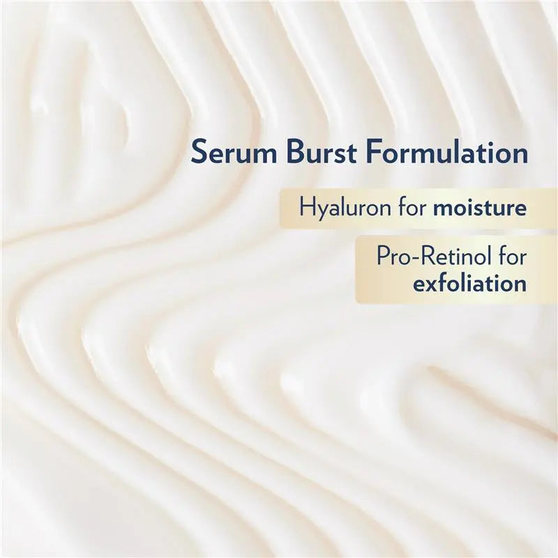 Serum burst formulation with hyaluron for moisture and pro-retinol for exfoliation on a wavy beige background.