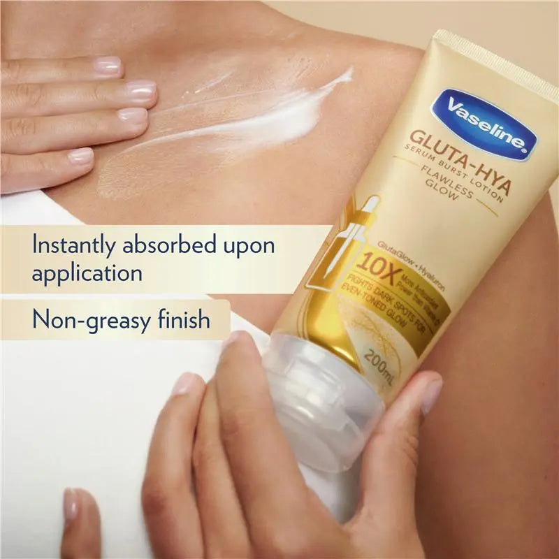 Vaseline Gluta-Hya lotion being applied to a person's arm with text highlighting its absorption and finish.