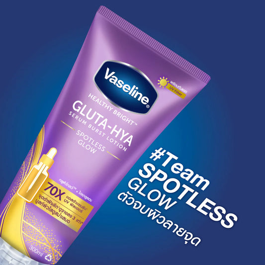 Vaseline Gluta-Hya lotion tube on a blue background with text 'Team Spotless Glow'.