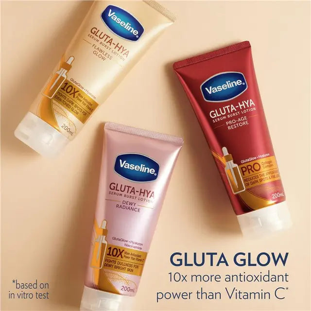 Three Vaseline Gluta-Hya skincare products on a beige background