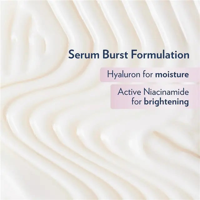 Text on a white background about serum burst formulation with hyaluron and niacinamide.