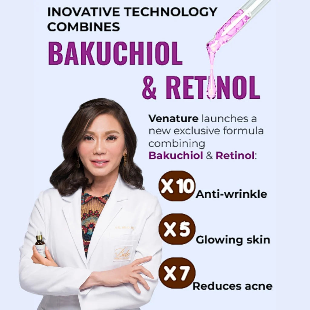 Advertisement featuring a woman in a white coat with text about Bakuchiol and Retinol skincare formula.
