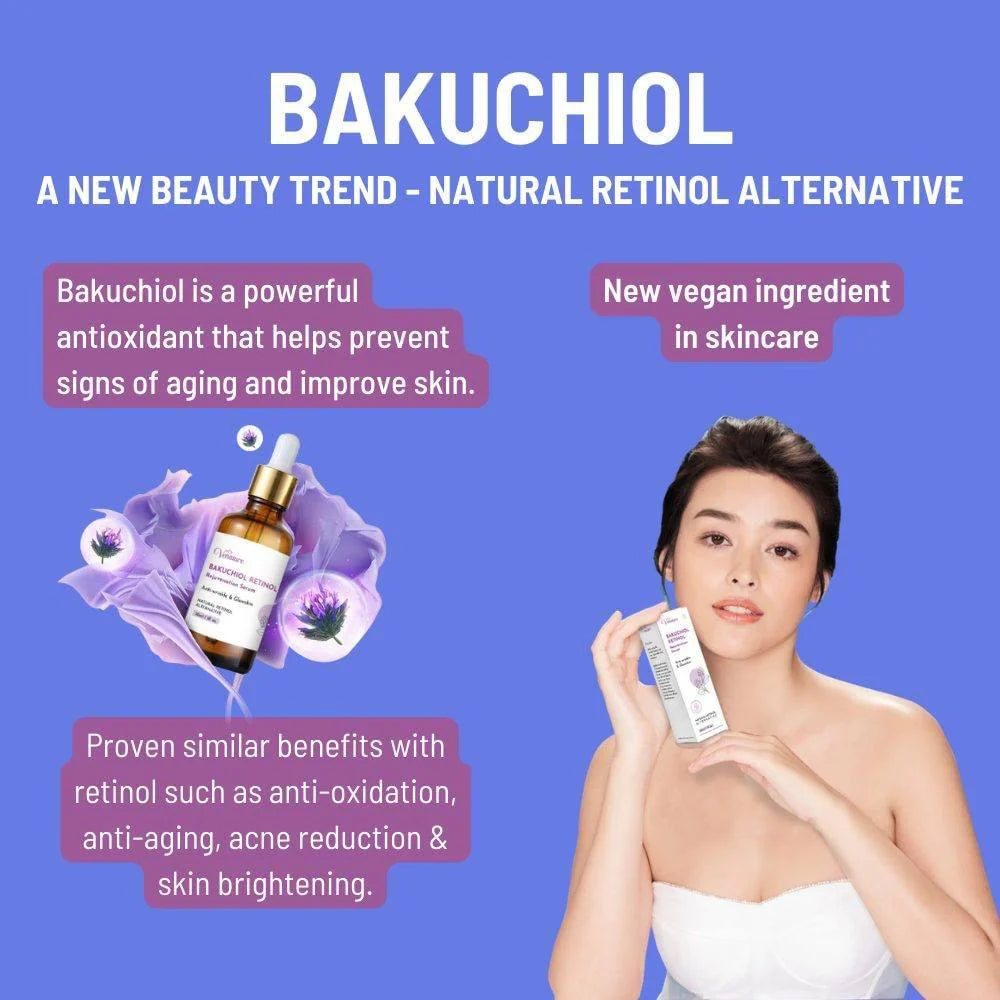 Advertisement for bakuchiol skincare product with a woman holding a bottle, blue background, and text about bakuchiol benefits.