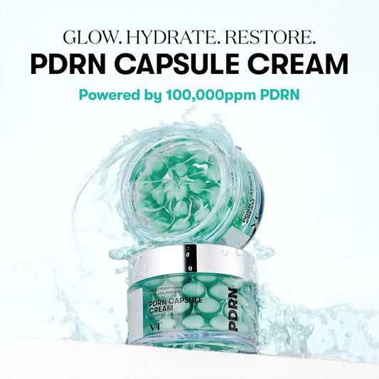 PDRN Capsule Cream with water droplets and text on a white background