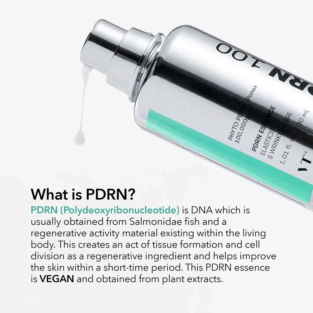 PDRN essence bottle with text explaining PDRN and its benefits