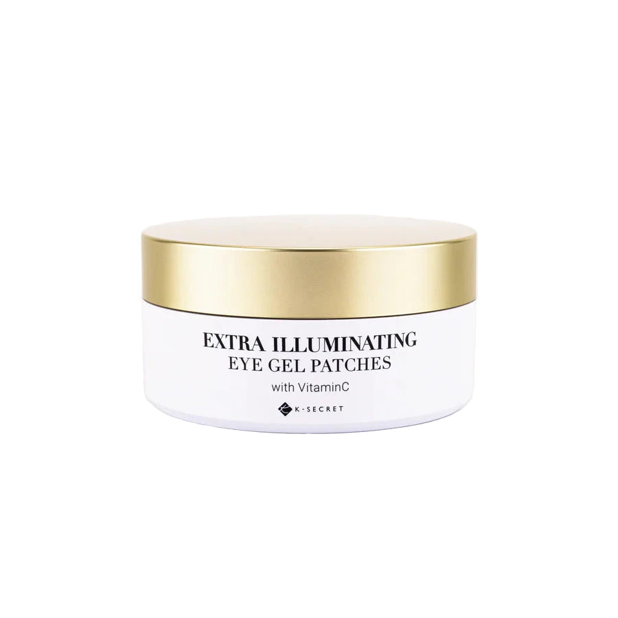 Jar of extra illuminating eye gel patches with gold lid on a white background