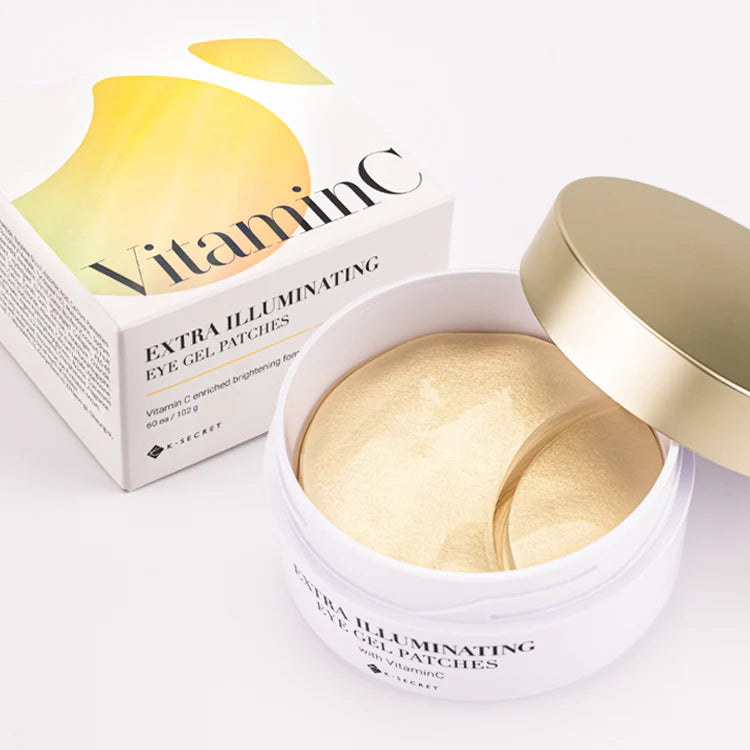Vitamin C eye gel patches with packaging on a white background