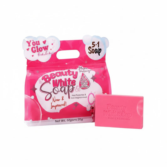 Beauty White Soap 5-in-1 bar set in a pink resealable pouch with a single pink soap bar placed in front, on a plain white background.