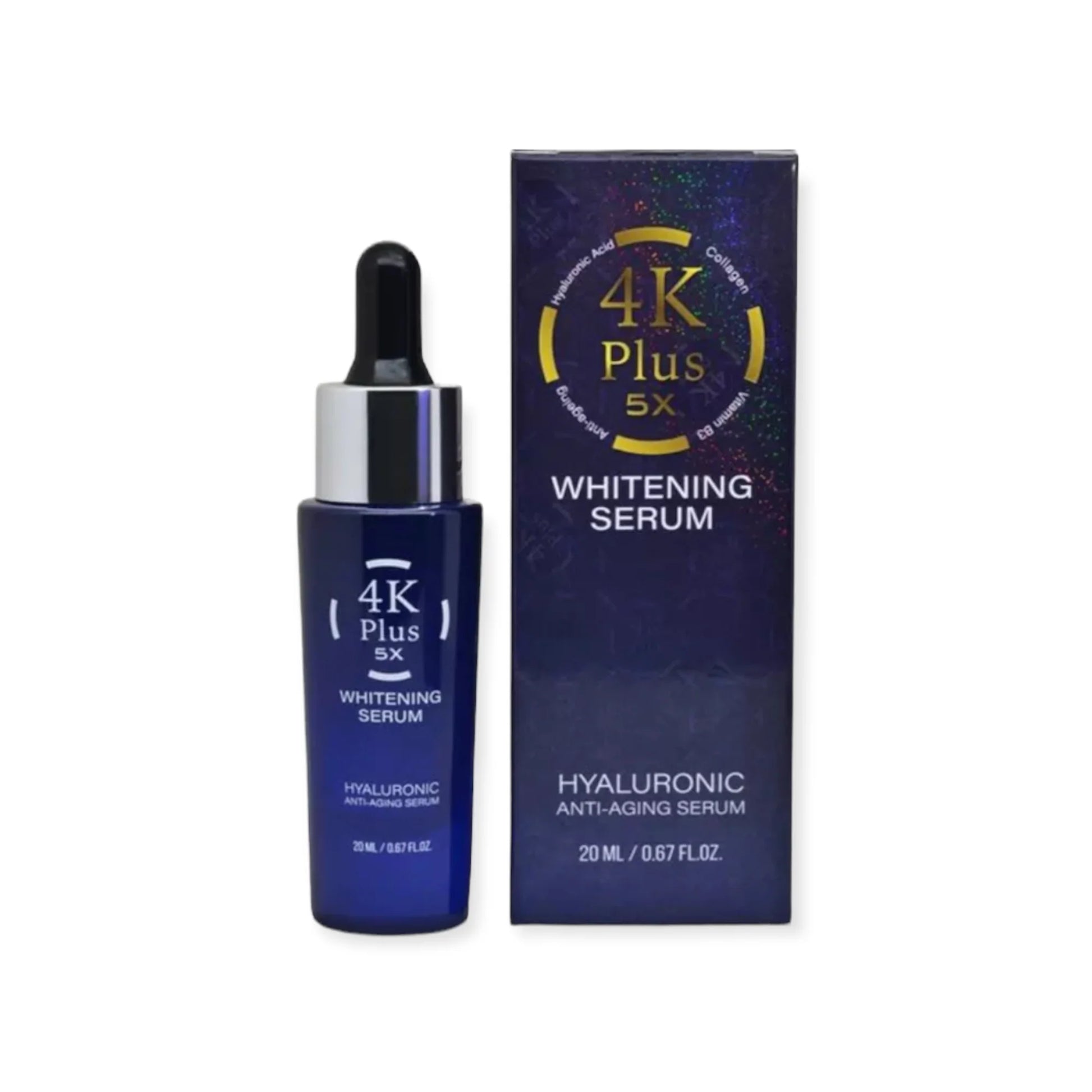 4K Plus 5x Whitening Serum bottle and packaging on a white background