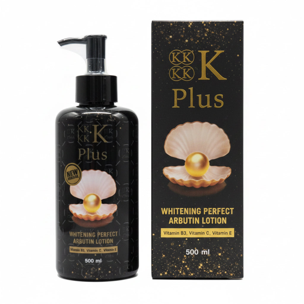 K Plus whitening arbutin lotion bottle and packaging in a store setting
