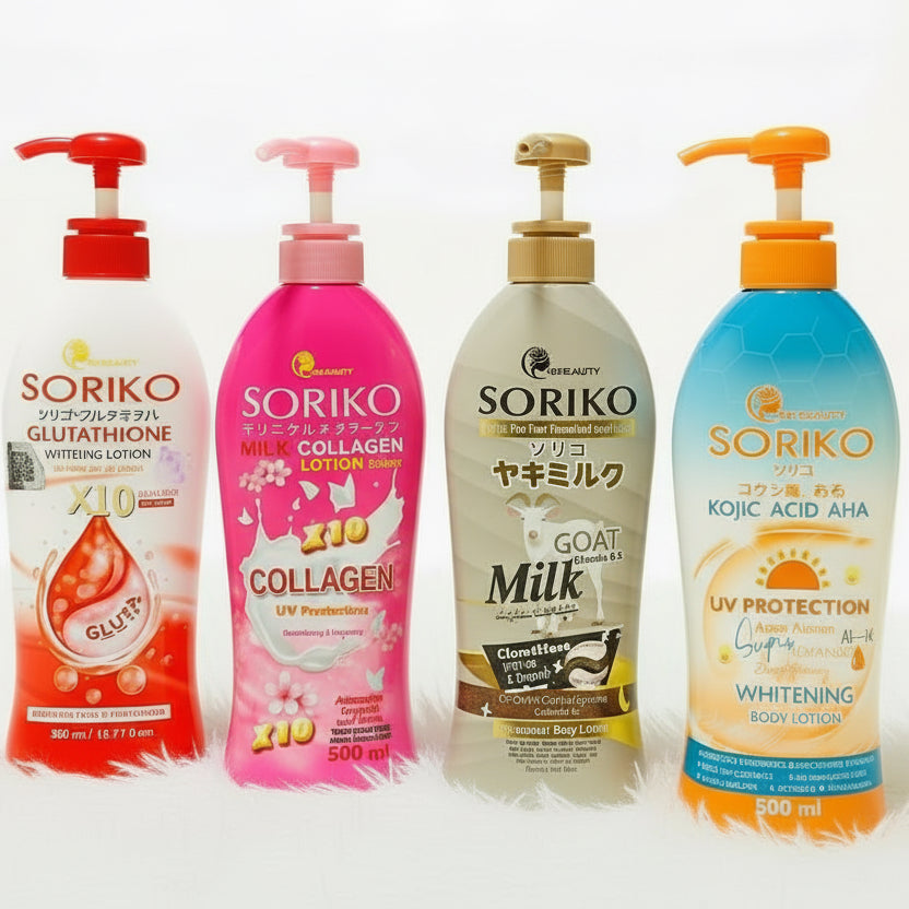 Four Soriko skincare products on a white surface with a blurred background