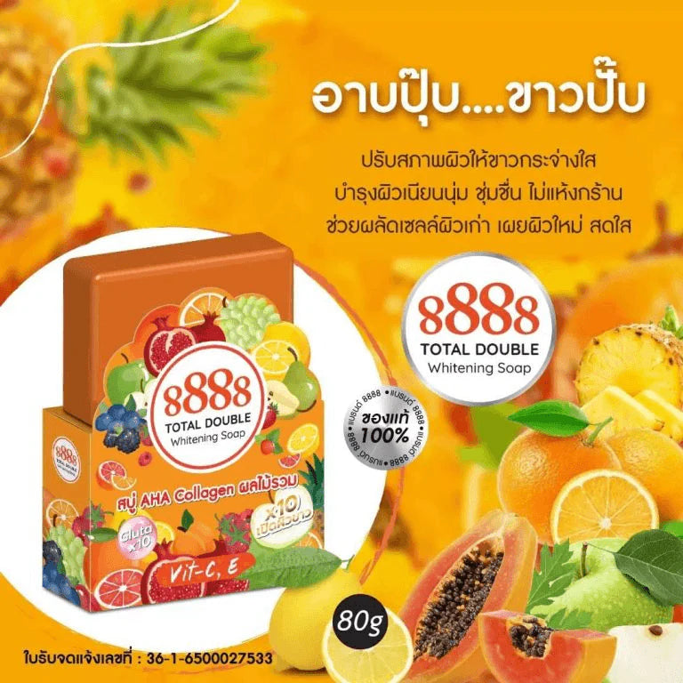 8888 Total Double Whitening Soap packaging with fruits and text on a bright background