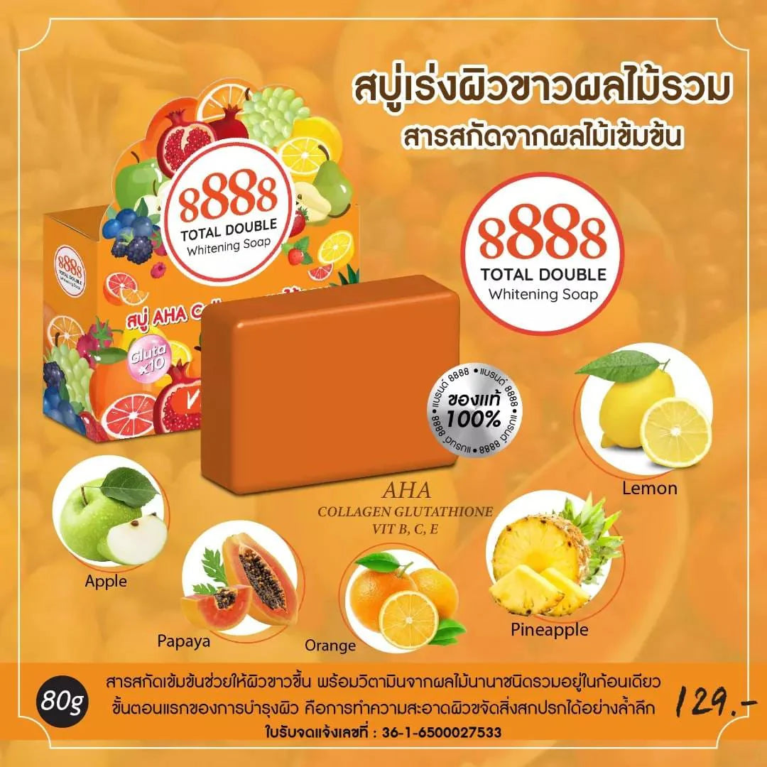 8888 Total Double Whitening Soap packaging with ingredients on an orange background