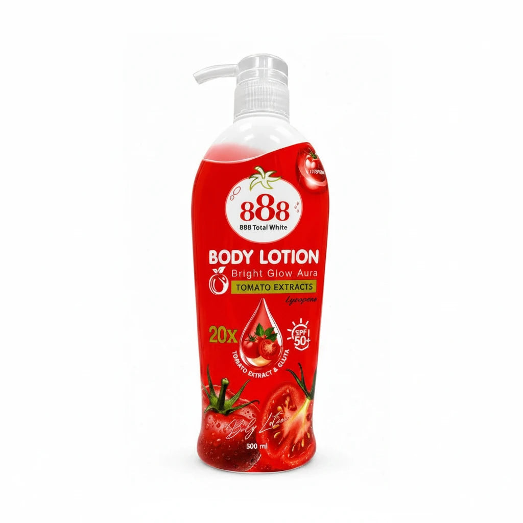 Red bottle of 888 body lotion with tomato extract on a white background