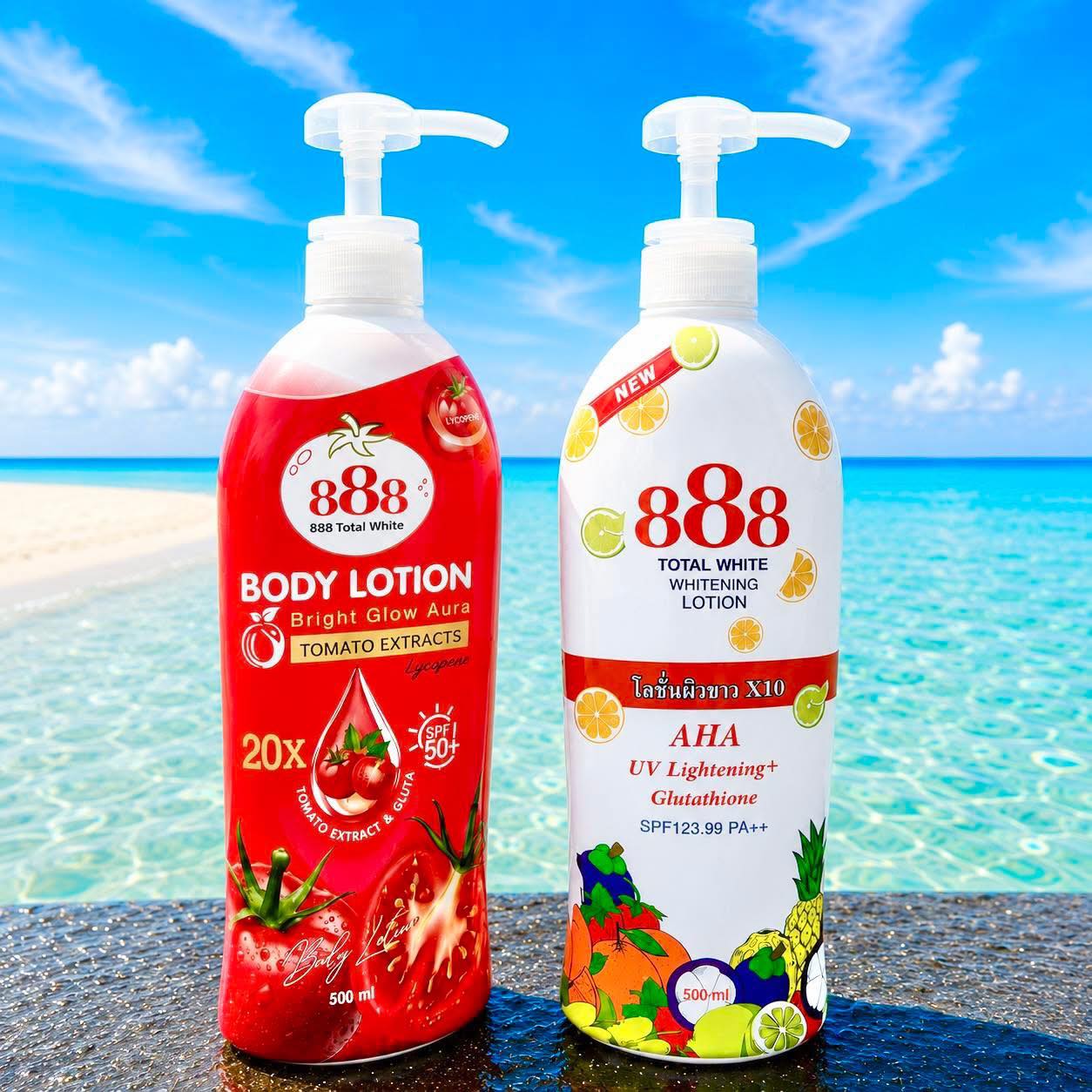 Two bottles of 888 body lotion with a beach background