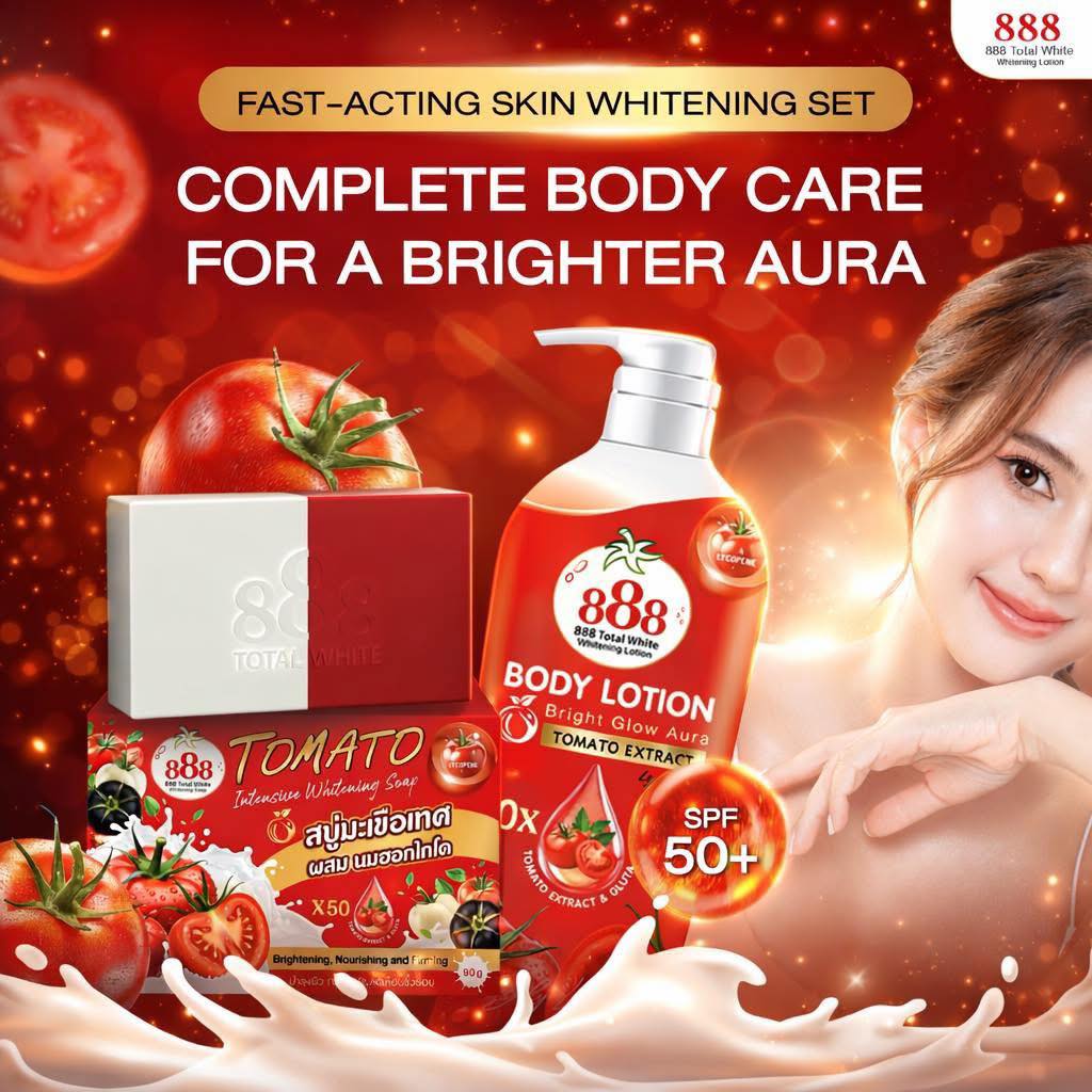 888 Tomato skincare set with lotion, soap, and tomato products on a red background