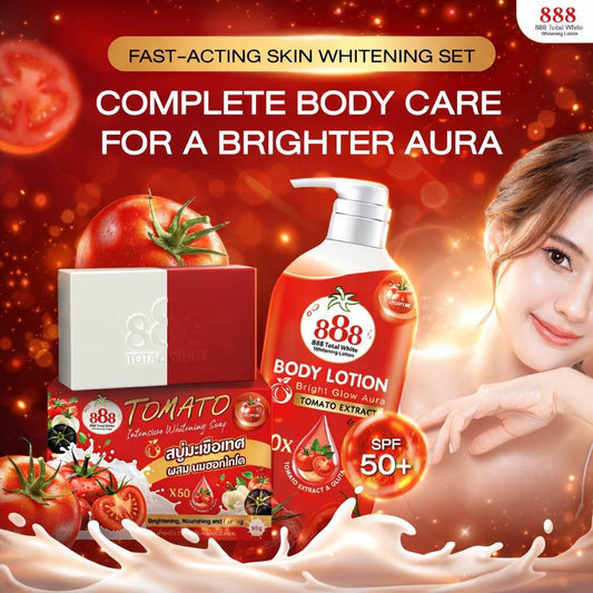 888 Tomato skincare set with lotion, soap, and tomato products on a red background