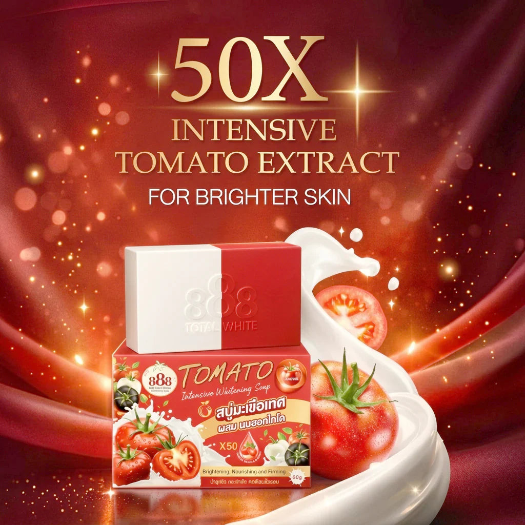 BBS Tomato Extract Soap packaging with red and white design on a dark red background