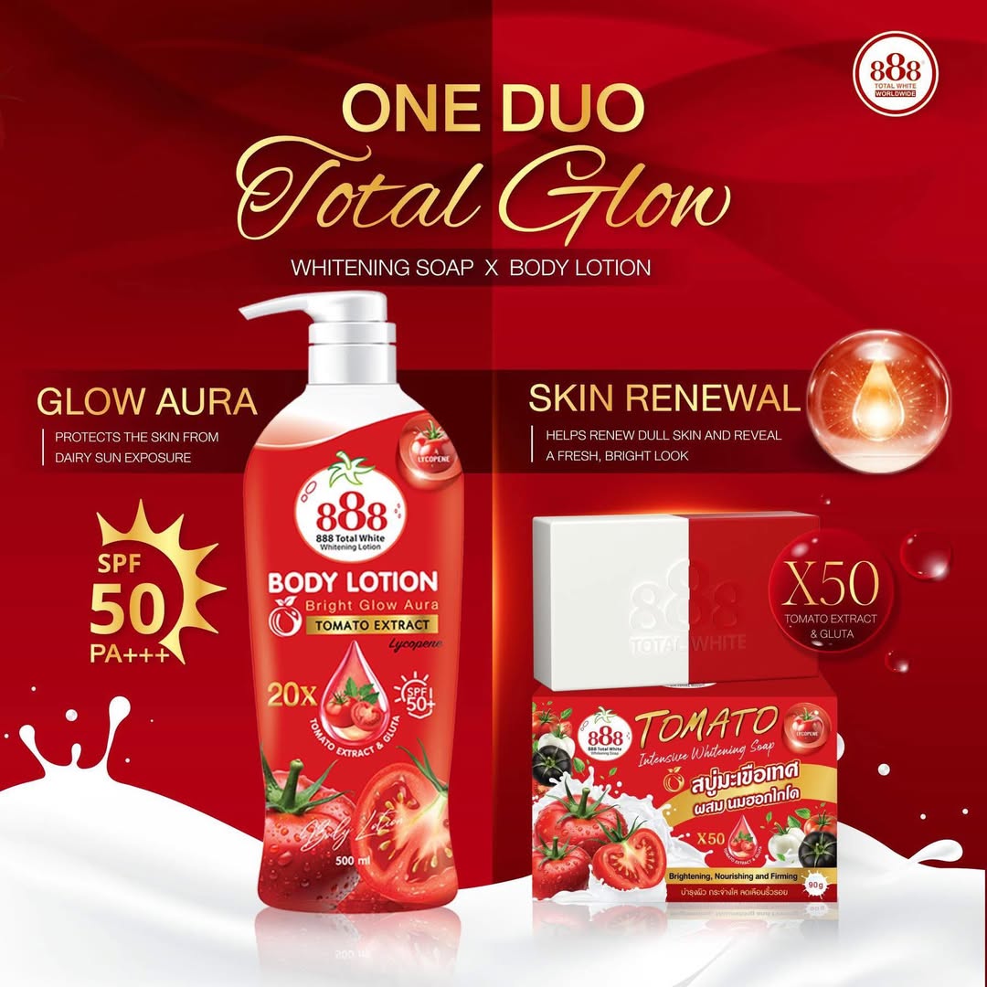 888 Tomato Body Lotion and Soap set with promotional text on a red background