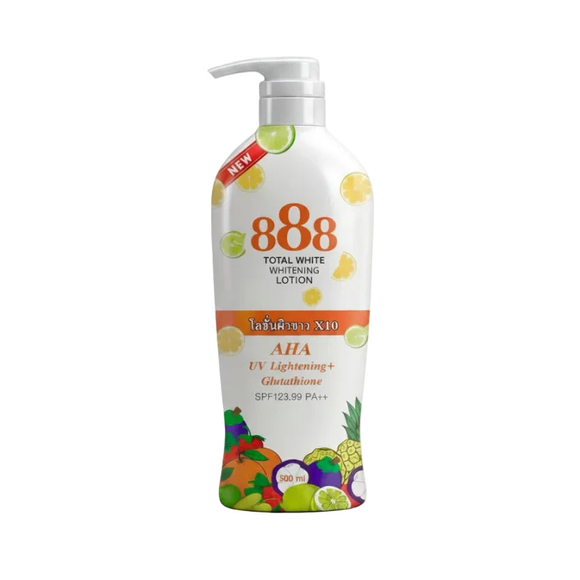 888 Total White Whitening Lotion bottle with colorful fruit graphics on a white background