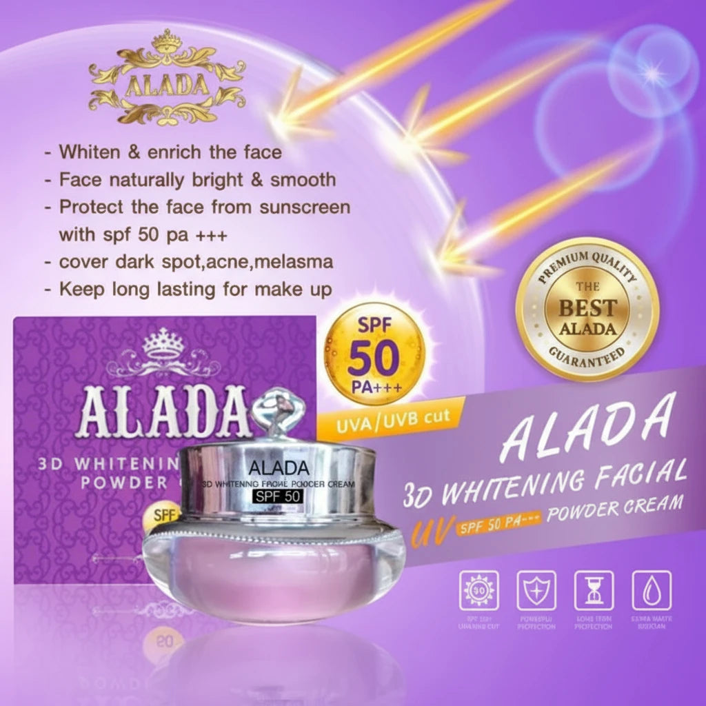 Alada 3D Whitening Powder and Cream with purple packaging and SPF 50 PA+++ text.