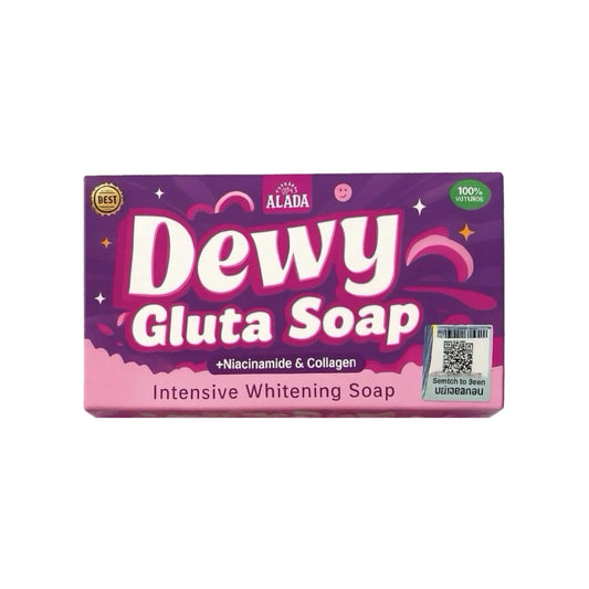 Dewy Gluta Soap packaging with purple and pink design on a white background