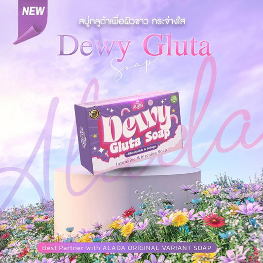 Dewy Gluta soap packaging with a colorful floral background