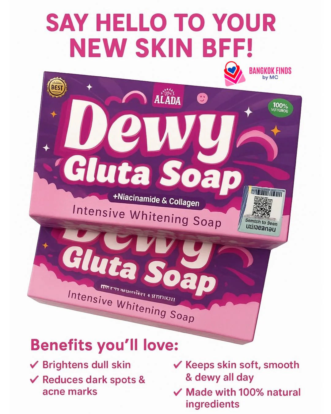 Two boxes of Dewy Gluta Soap with promotional text on a white background