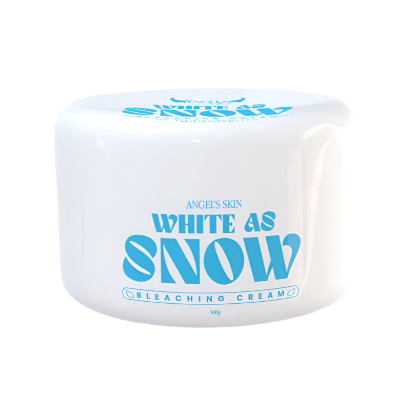 White container of 'White as Snow' bleaching cream on a light blue background