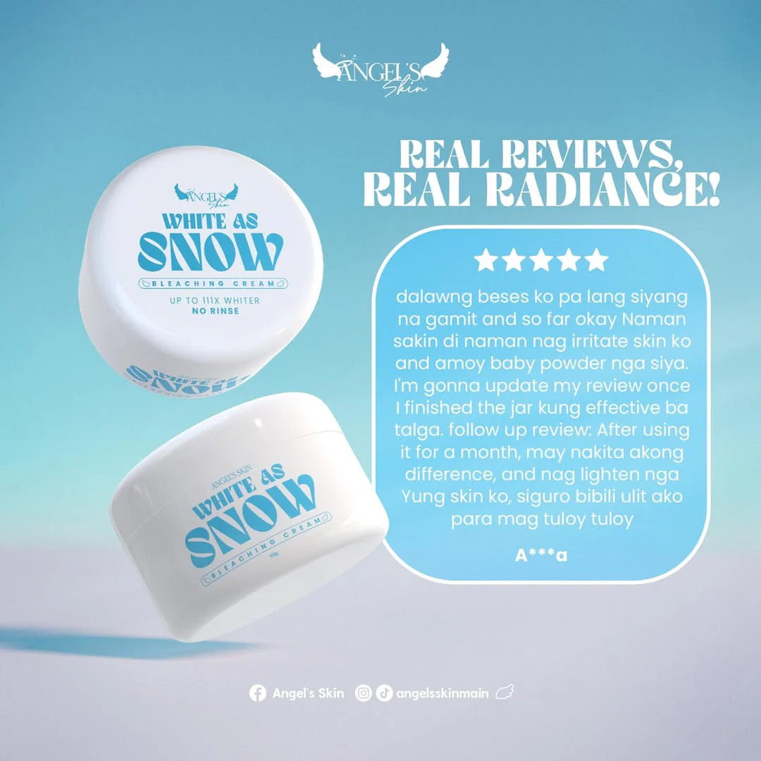 Two containers of 'White as Snow' cream with a customer review on a gradient blue and white background.