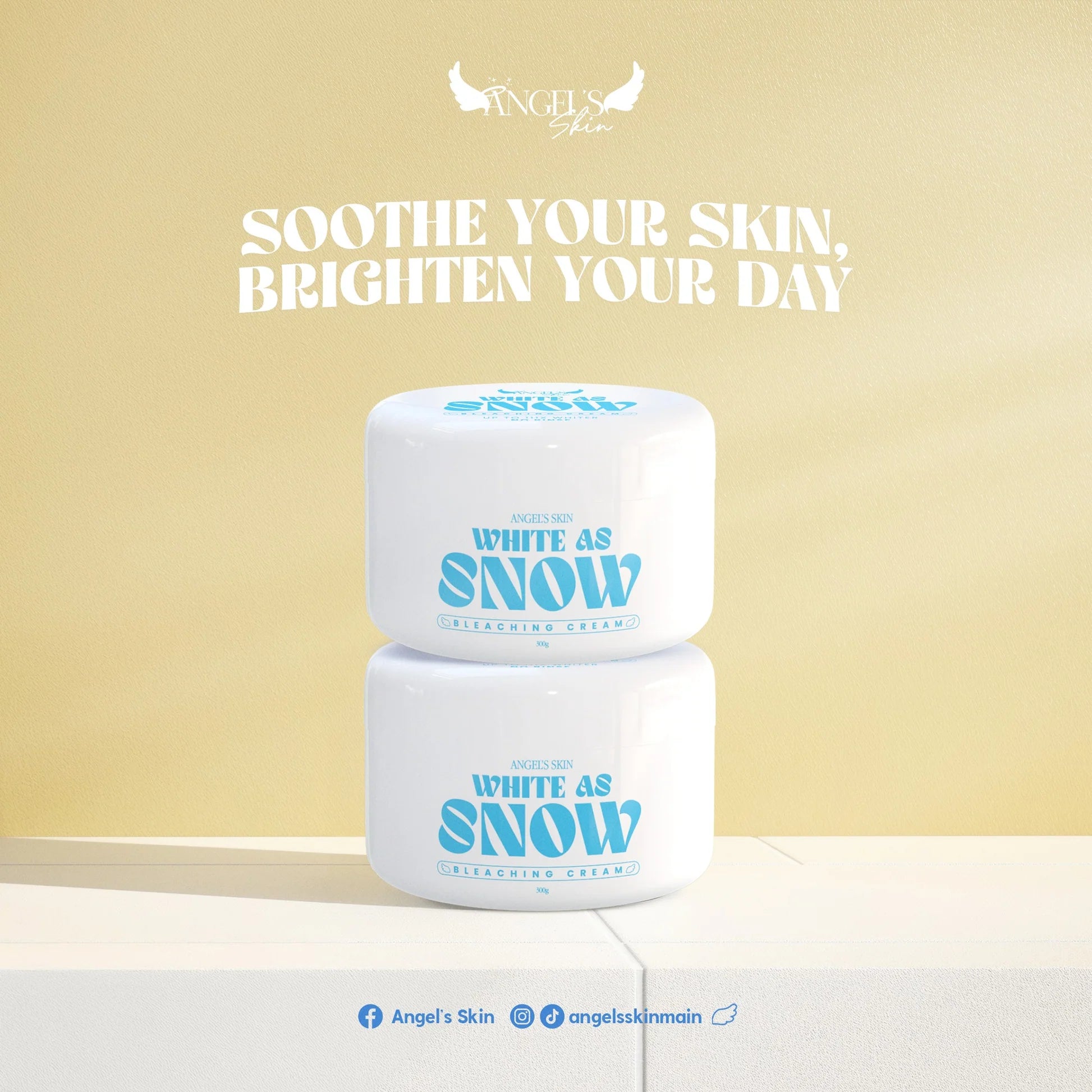 Two jars of 'White as Snow' cream on a light beige background with promotional text.