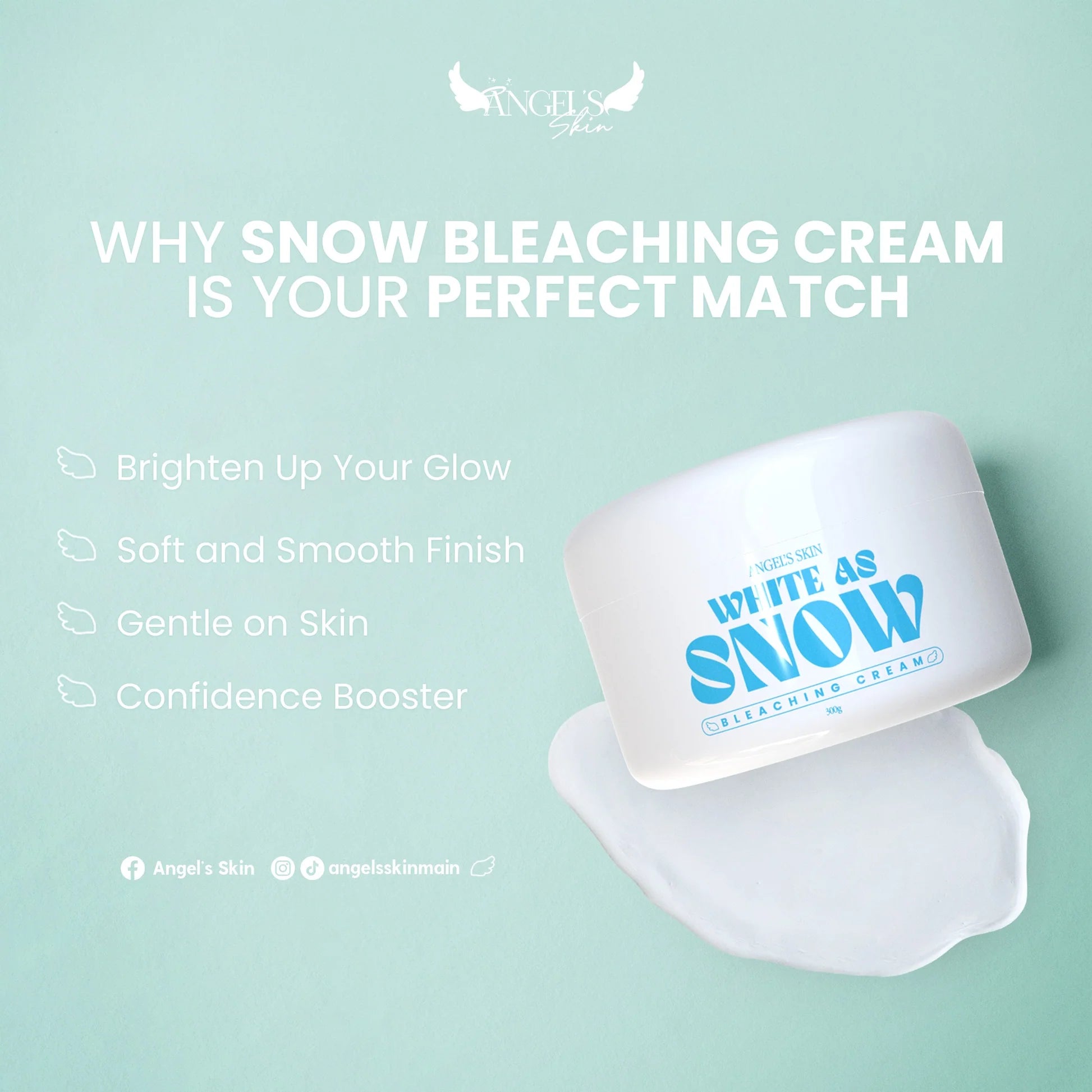 Snow bleaching cream packaging with text on a light blue background
