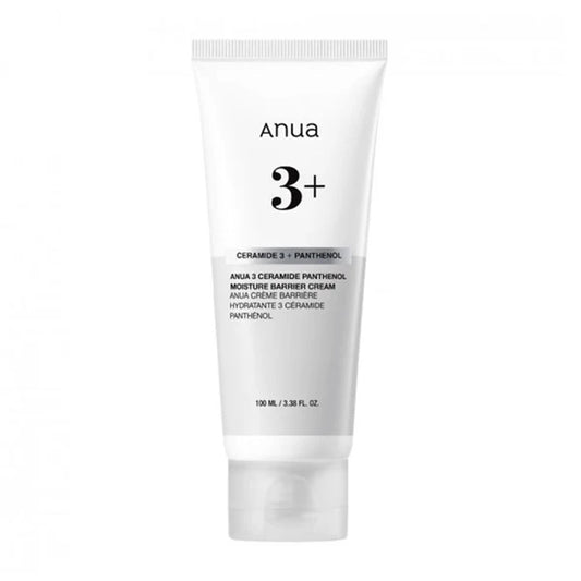 ANUA 3 Ceramide Panthenol Moisture Barrier Cream in a white tube with blue and black text, highlighting the product name and benefits.