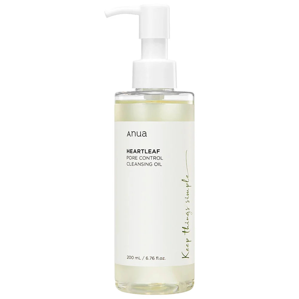 A pump bottle of Anua Heartleaf Pore Control Cleansing Oil on a white background.