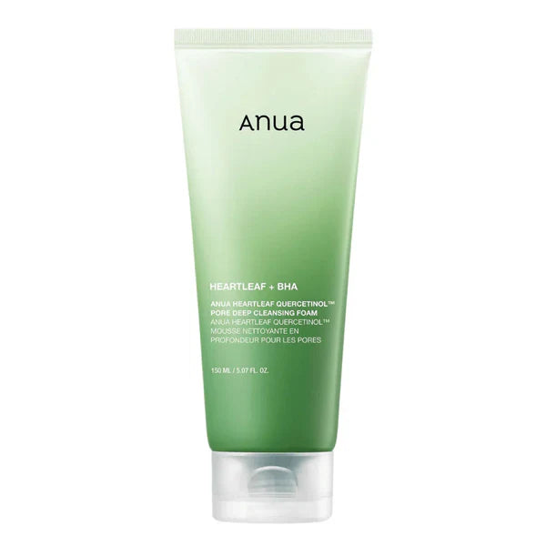 Green tube of Anua skincare product on a white background