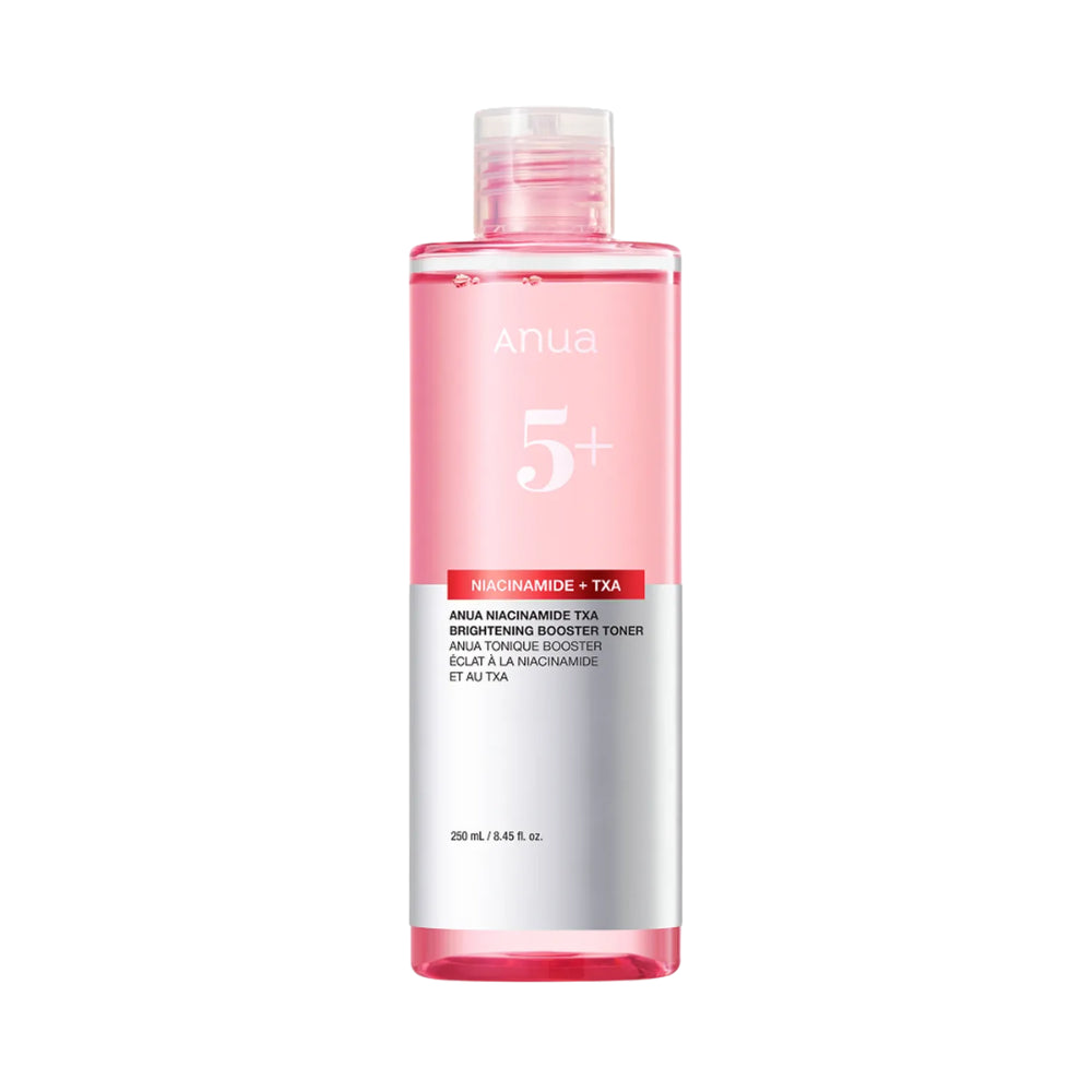 Pink bottle of skincare product with white cap on a white background