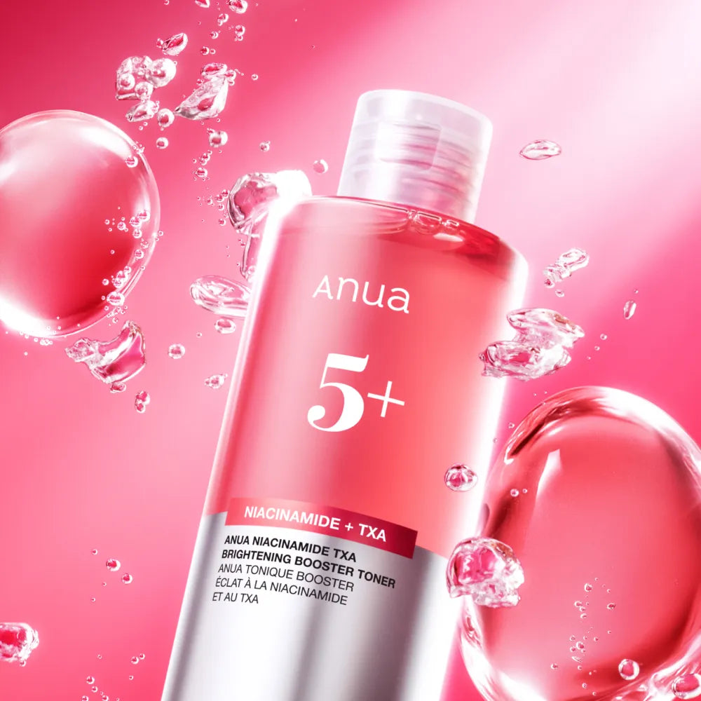 Anua skincare product with bubbles on a pink background