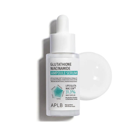 A white ampoule bottle with a dropper filled with clear liquid, labeled 'GLUTATHIONE NIACINAMIDE AMPOULE SERUM' by APLB.